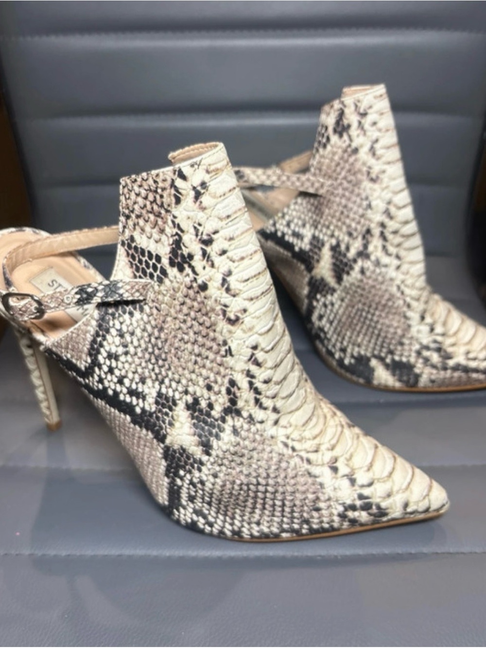 Steve Madden Beige and Black Snake-Print Pointed Stiletto Booties